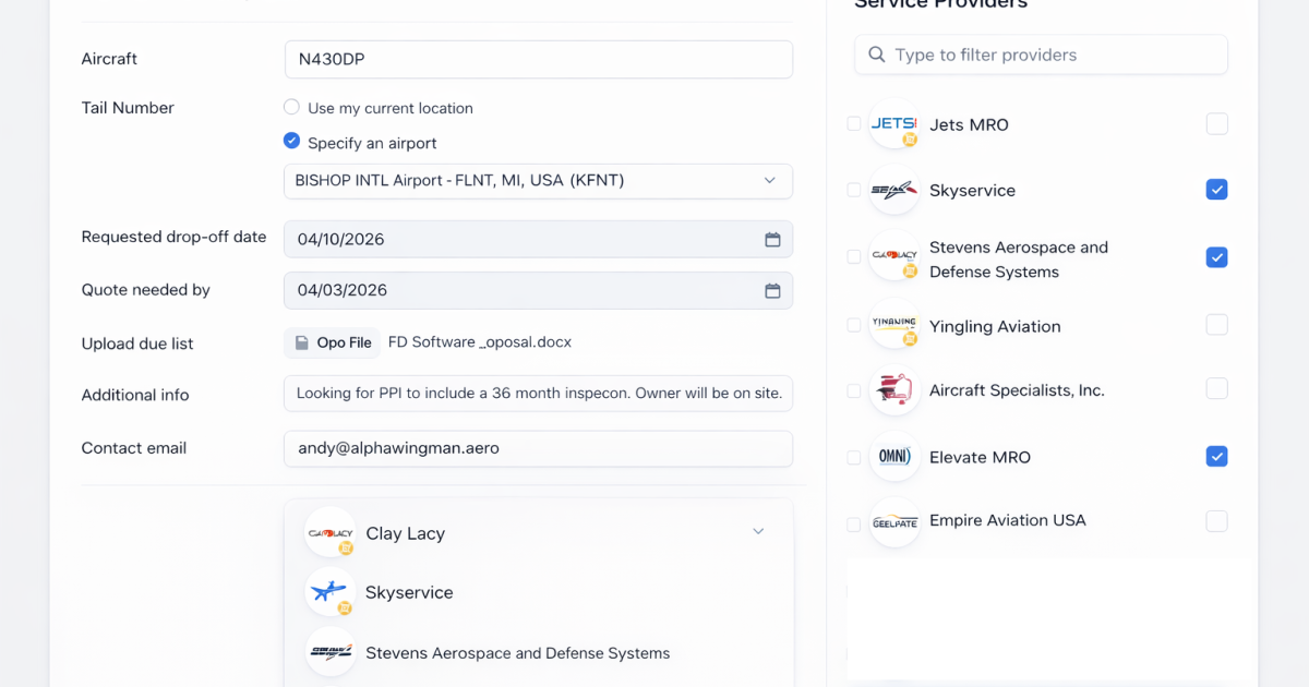 Alpha Wingman pre purchase inspection request form on the IADA website