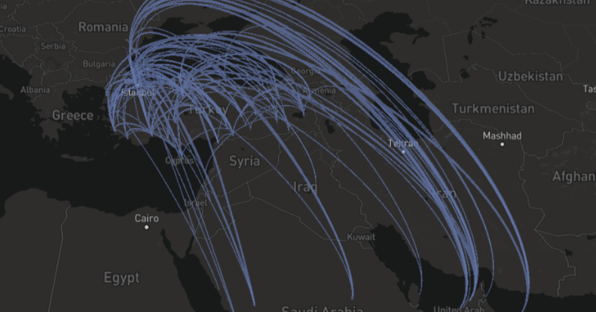 WingX map showing business jet departures to Turkey from the Middle East