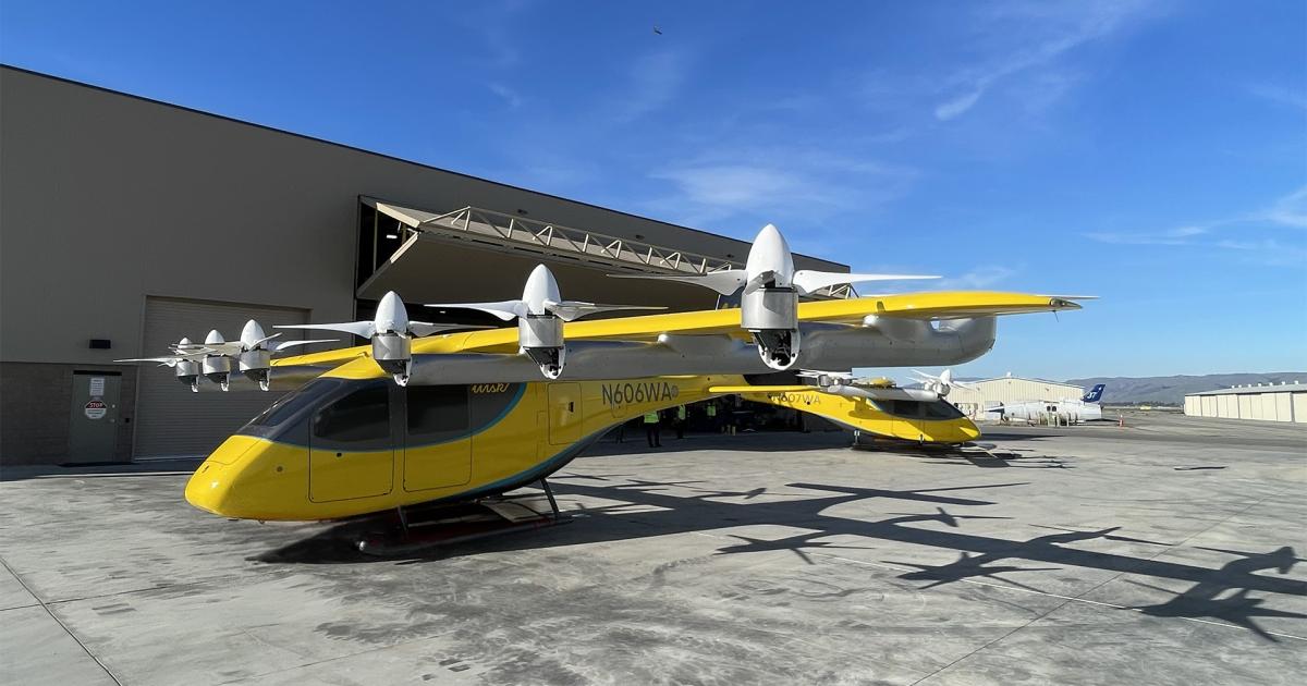 Wisk Aero’s two Gen 6 aircraft outside hangar