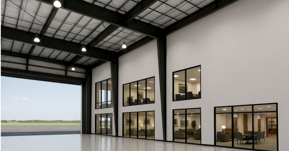 Artist rendering of interior of new FlightLevel Aviation hangar at KBVY