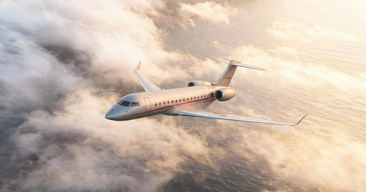 VistaJet Global 8000 in flight above clouds