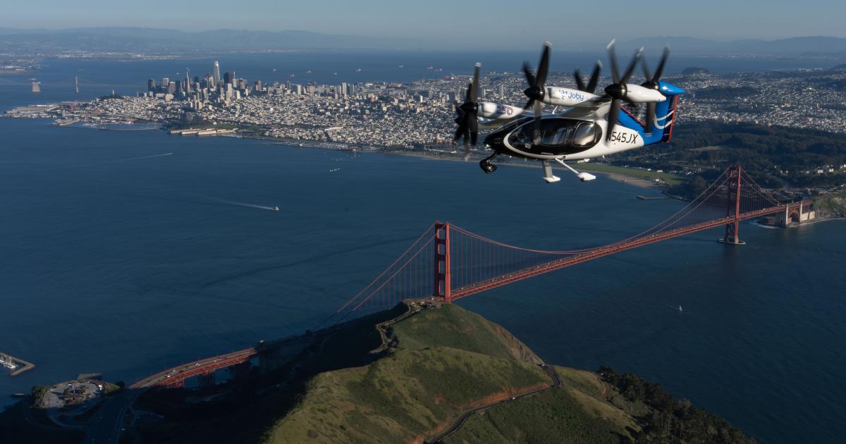 Joby's eVTOL aircraft flies over the Golden Gate Bridge