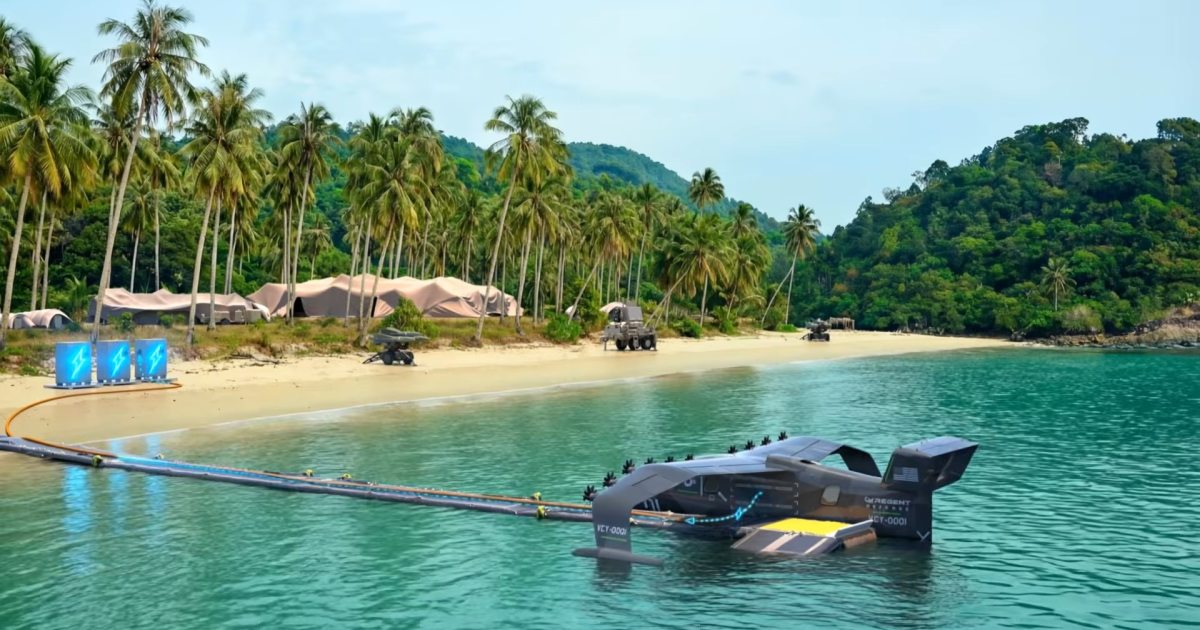 A rendering shows a Seaglider tethered to modular battery storage units on a remote beach, illustrating the off-grid charging concept.