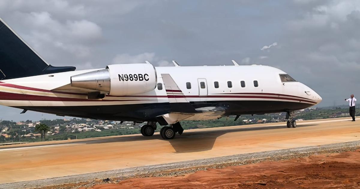 Challenger 601 taking off from road in Nigeria