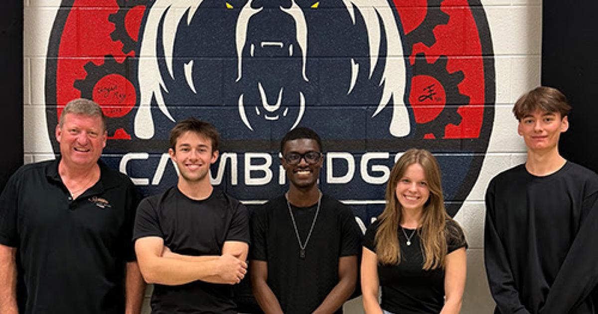 2026 GAMA Aviation Design Challenge first-place team from Cambridge High School Porter High School (from left to right: John Friske (teacher) Clark Benner, Christian Seawright, Morgan Smith and Adam Gould).