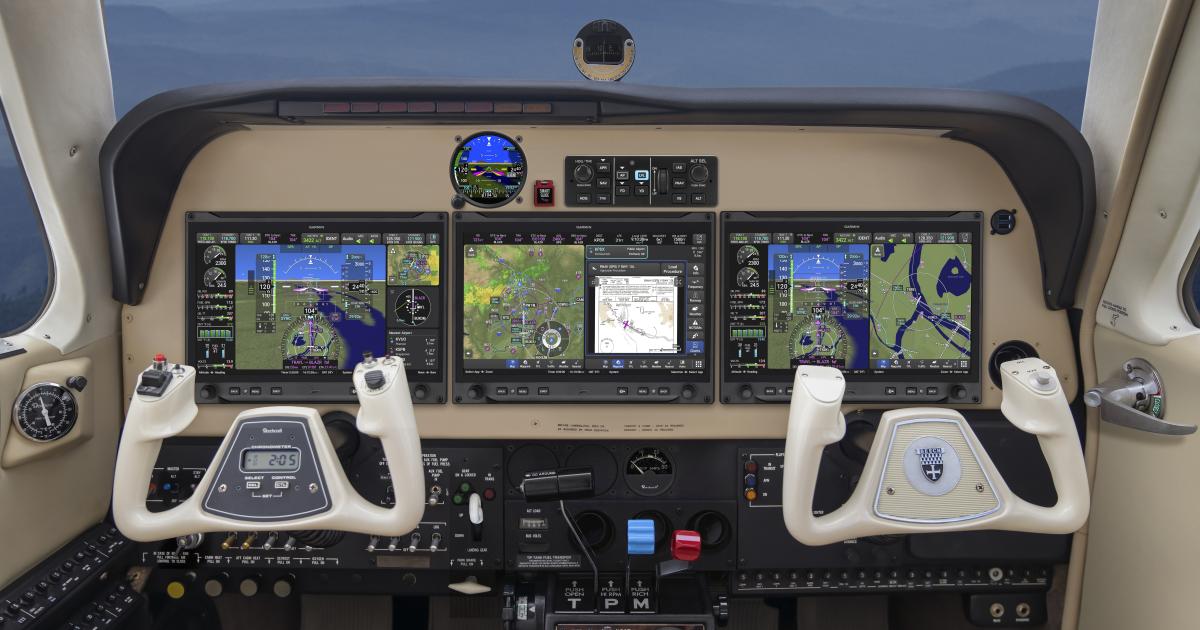 The Garmin Axis flight display integrates GPS, radio, and audio panel in a single display, available for twin- and single-engine aircraft via an AML STC.