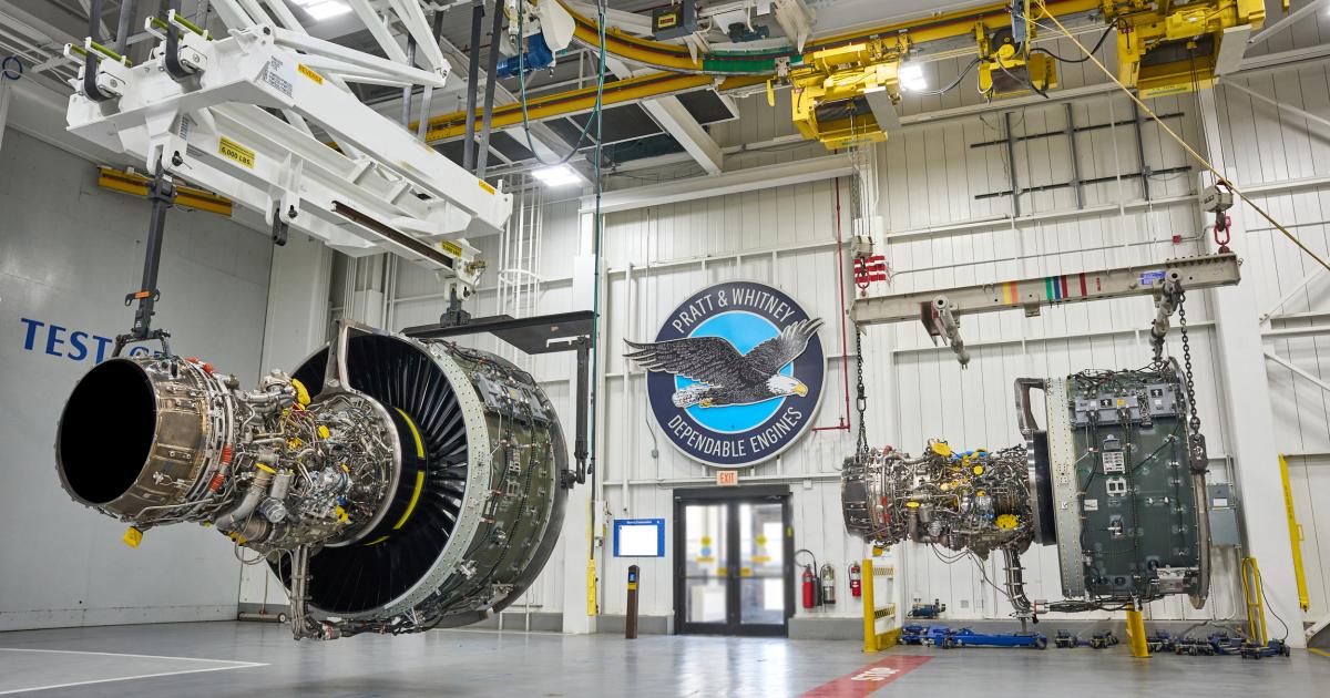 Pratt & Whitney engine on supports in test facility