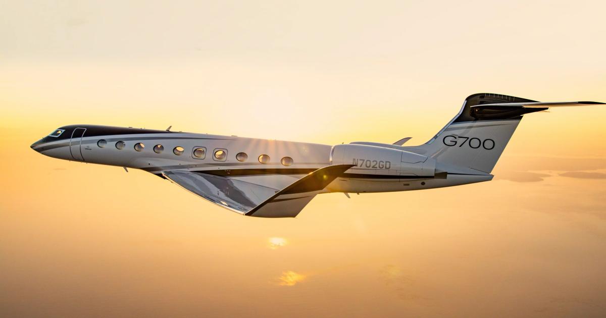 A Gulfstream G700 in flight at twilight