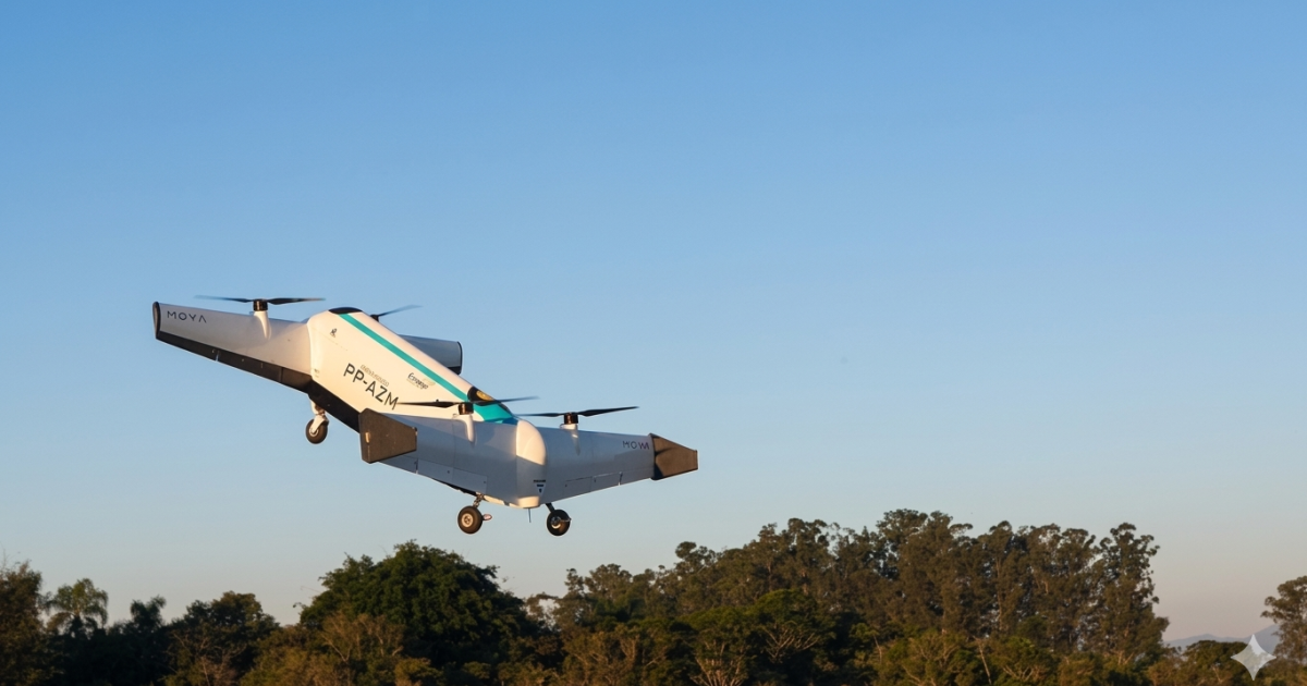 Moya’s 256 eVTOL, registered PP-AZM, lifts off during flight testing near São José dos Campos, Brazil. 
