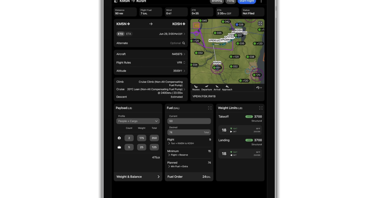 Screenshot of updated Garmin Pilot for Apple