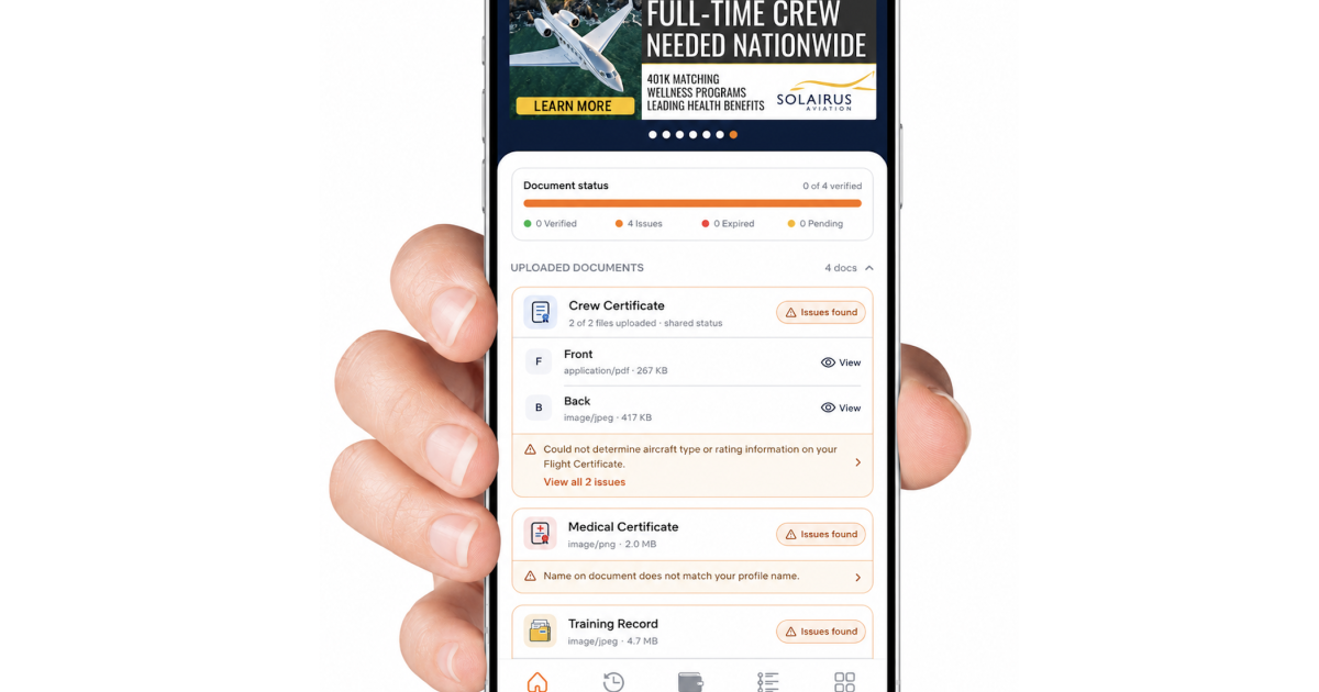 A hand holding a smartphone with CertiFly on the screen