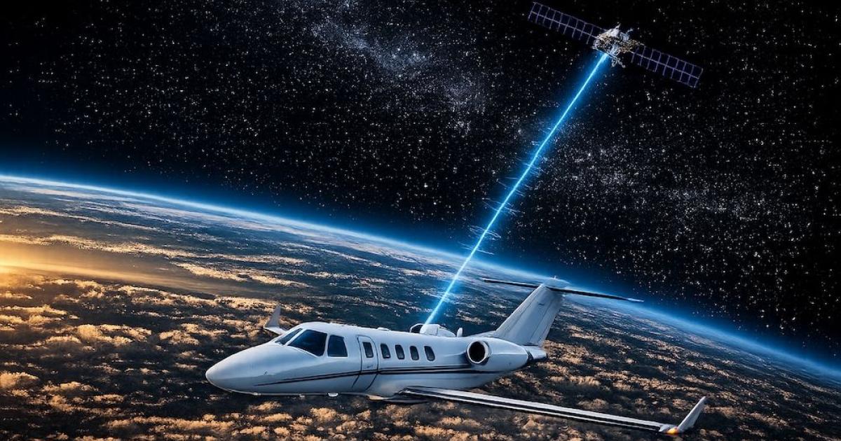A Citation business jet that appears to be in orbit with a line extending from a satellite to the fuselage