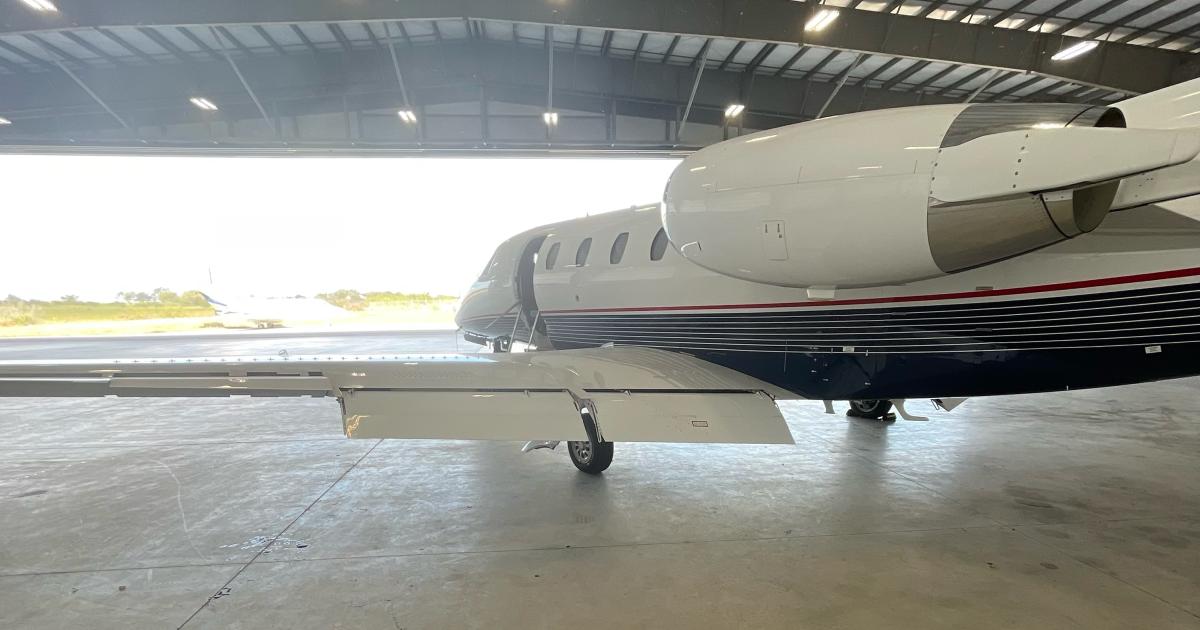 business jet in hangar