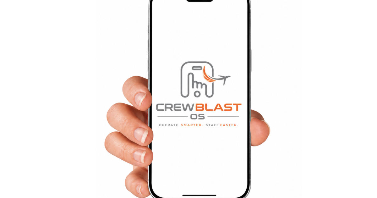 A hand holding a smartphone against a white background. The phone screen shows the company logo