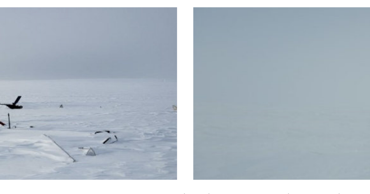 Photos of a accident site in Nunavut in 2021, taken hours apart, showing the snow-covered, featureless terrain; an overcast sky; and flat white conditions.