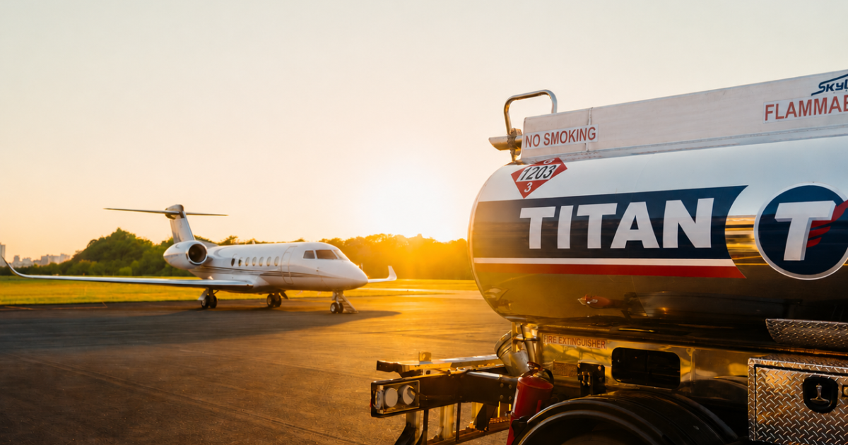 A Titan branded fuel truck in the foreground with a business jet on the ramp in the background
