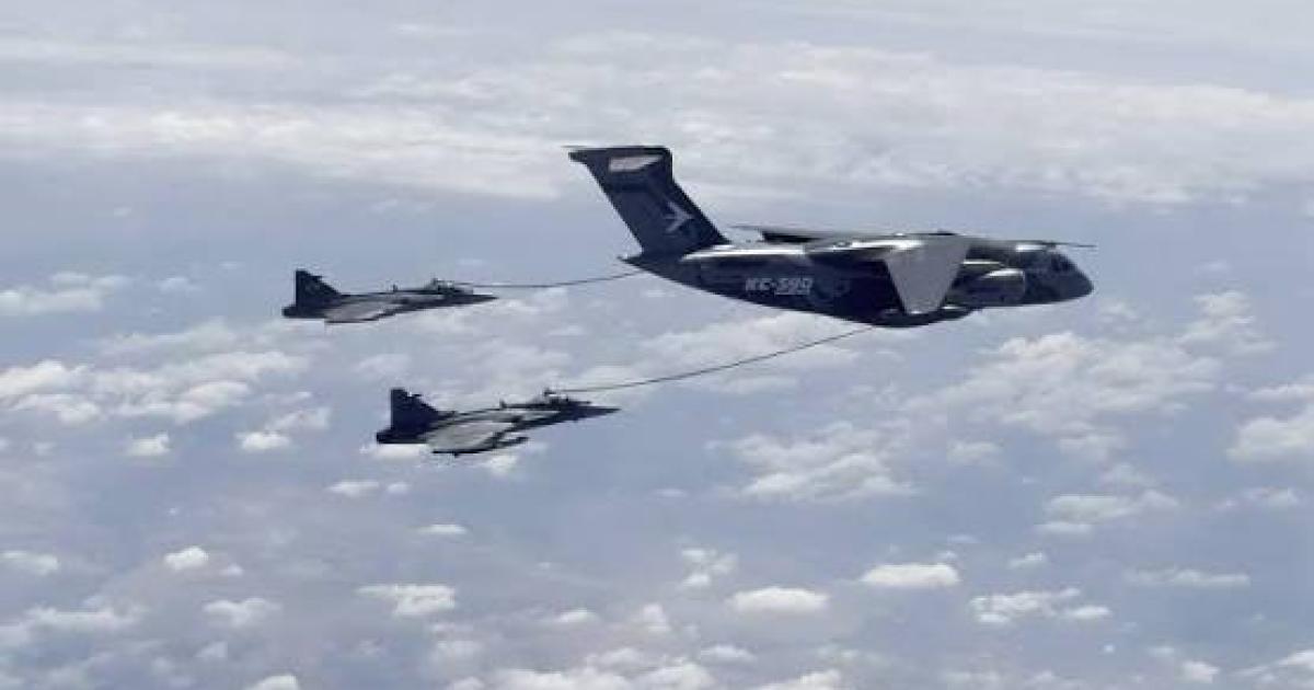 KC-390 with two Gripen receiving fuel mid-air 