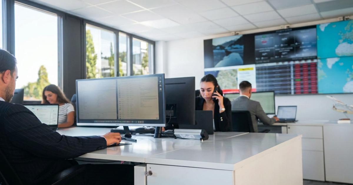 Workers look at computers in an office