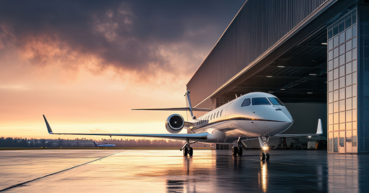 A business jet parked on a ramp at dusk