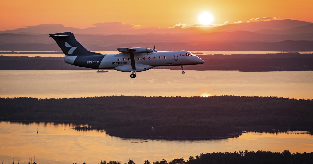 Heart X1 flying over lake at sunset 
