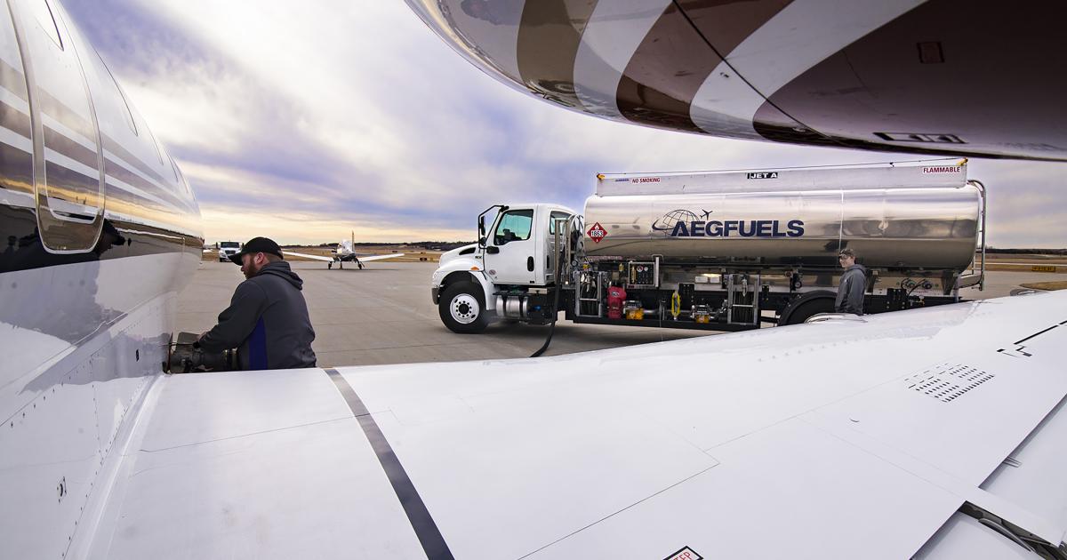 AEG branded fuel truck on ramp