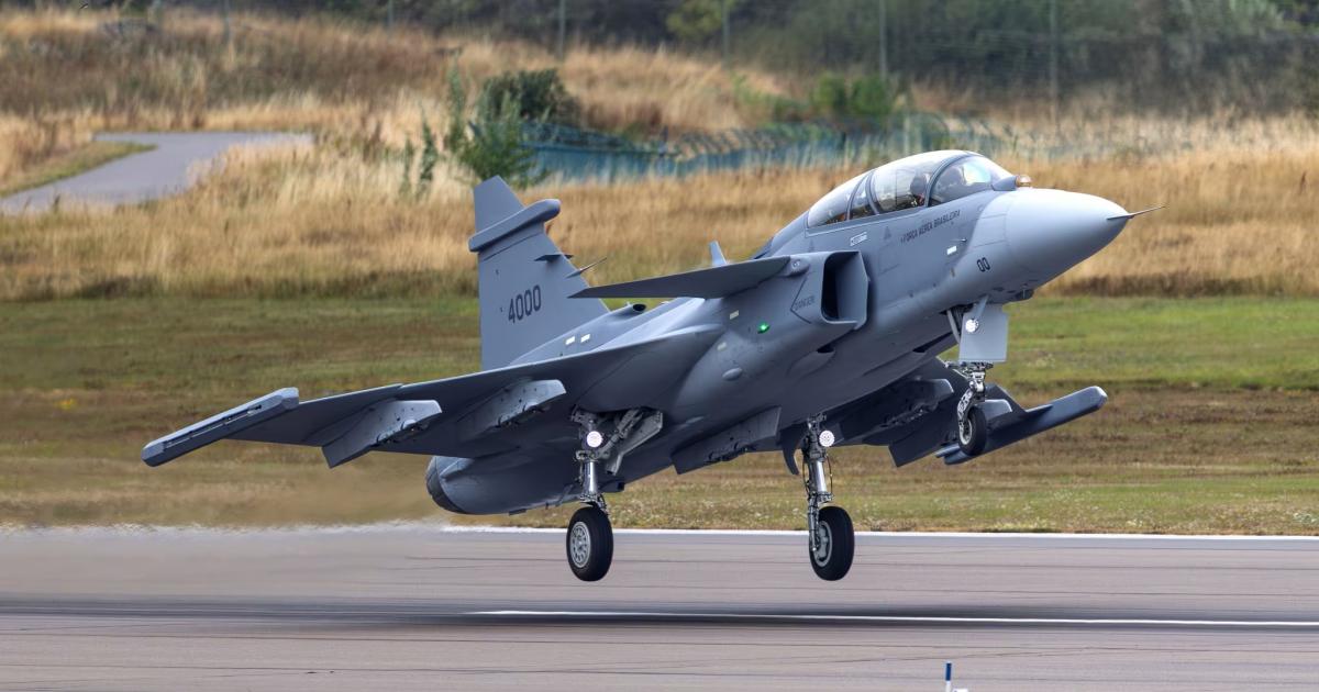 Gripen F taking off from runway 