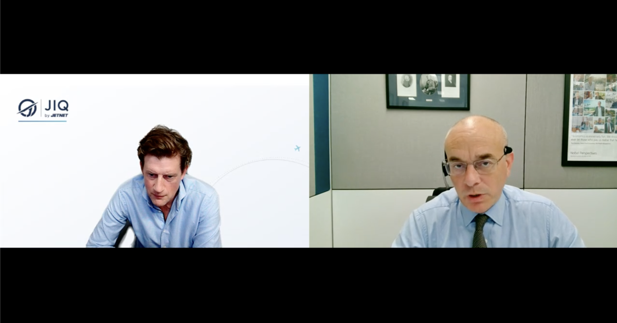 Richard Koe, managing director of WingX by JetNet, left, speaks with UBS Global Wealth Management chief economist Paul Donovan about global trends set to shape bizav in the coming years
