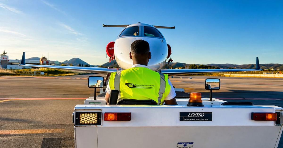 Pushback vehicle prepares to move white business jet on apron