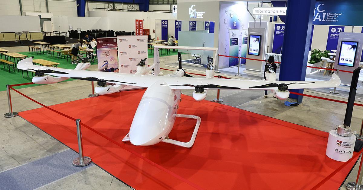 White evtol mockup on stand at Singapore airshow 