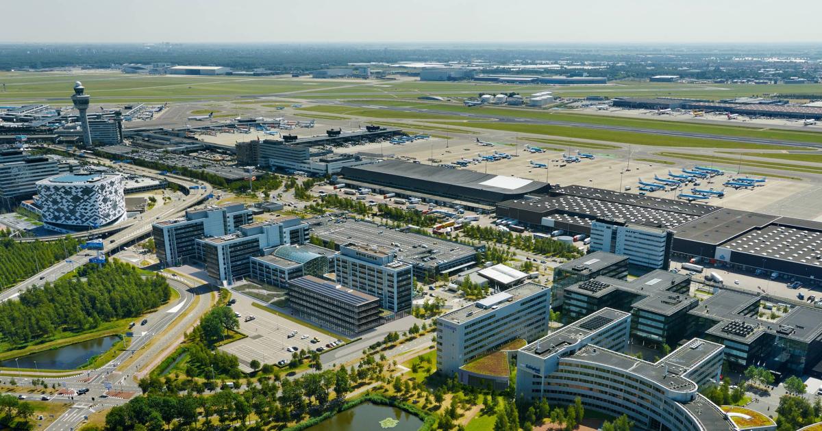 Aerial view of Amsterdam Schiphol airport in daylight 