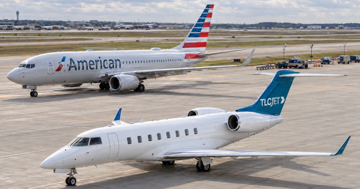 Airliner and business jet on ramp