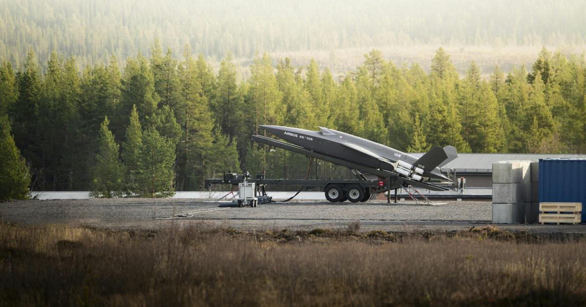Drone mounted nose-up on ramp against forest background