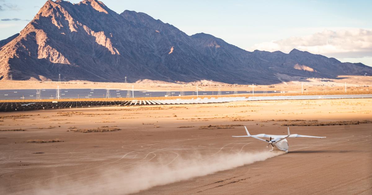 Beta Technologies’ all-electric Alia CX300 kicks up dust on a dry lakebed.