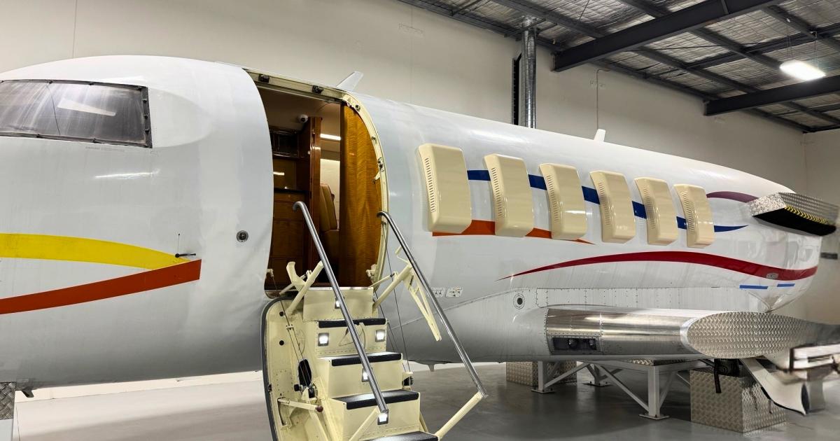 Modified business jet fuselage in hangar 