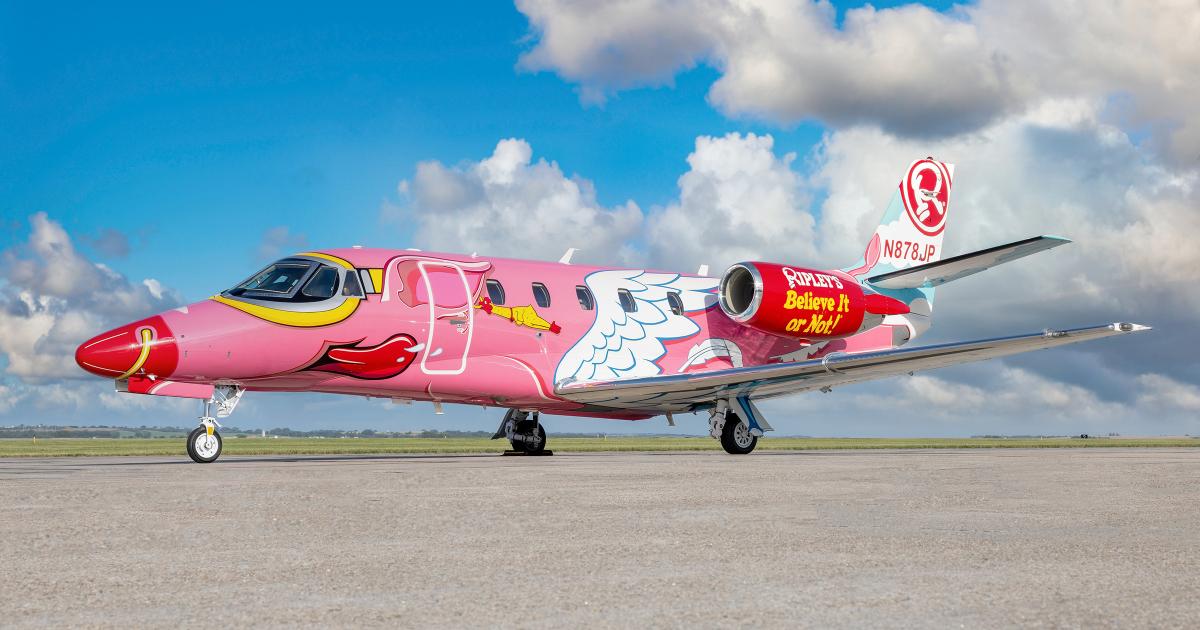 Wings, a gold nose ring, and a chicken earring give the Ripley’s Believe It or Not! Citation 560XLS+ its pig persona.