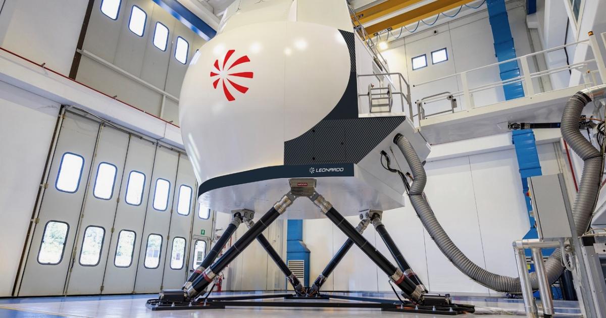 Full-flight simulator in building with Leonardo branding on side