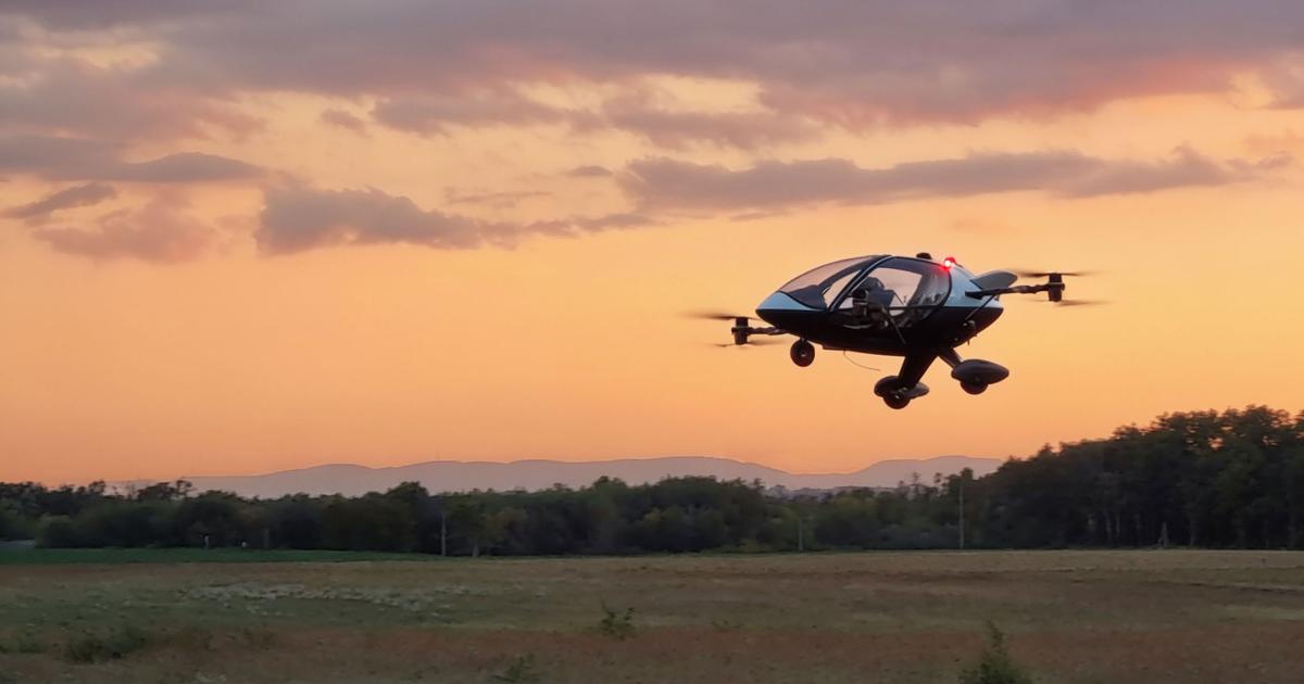 DTA's two-seat JP1 hybrid eVTOL flies at dusk during uncrewed flight testing in France.
