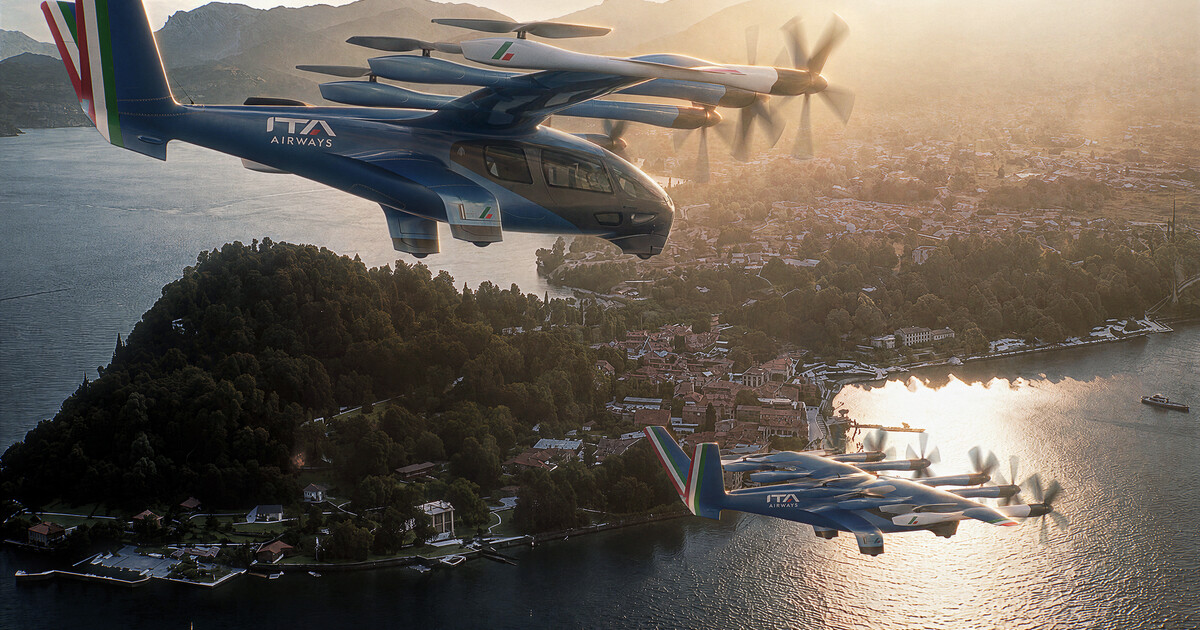 An artist’s rendering shows two Archer Midnight eVTOL aircraft in ITA Airways livery.