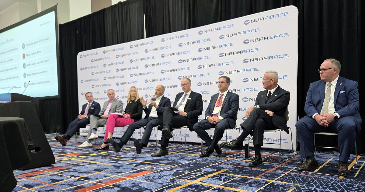 Leaders of business aviation associations from around the world discussed the challenges facing international operators during a panel at NBAA-BACE in Las Vegas on Oct. 21, 2026. From left: AsBAA board member Paul Desgrossiliers; EBAA chairman Jurgen Wiese; BBGA managing director Lindsey Oliver; MEBAA chairman Ali Ahmed Alnaqbi; AfBAA vice chair Craig Middleton; CBAA president and CEO Harlan Simpkins; International Business Aviation Council director general Kurt Edwards; and Chris Morris, an aviation safety