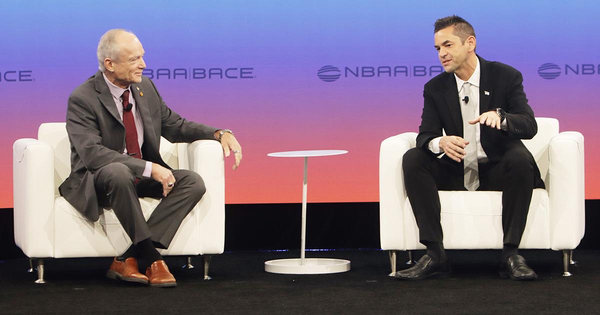 Former NASA astronaut Charlie Precourt (left) and NASA administrator Jared Isaacman