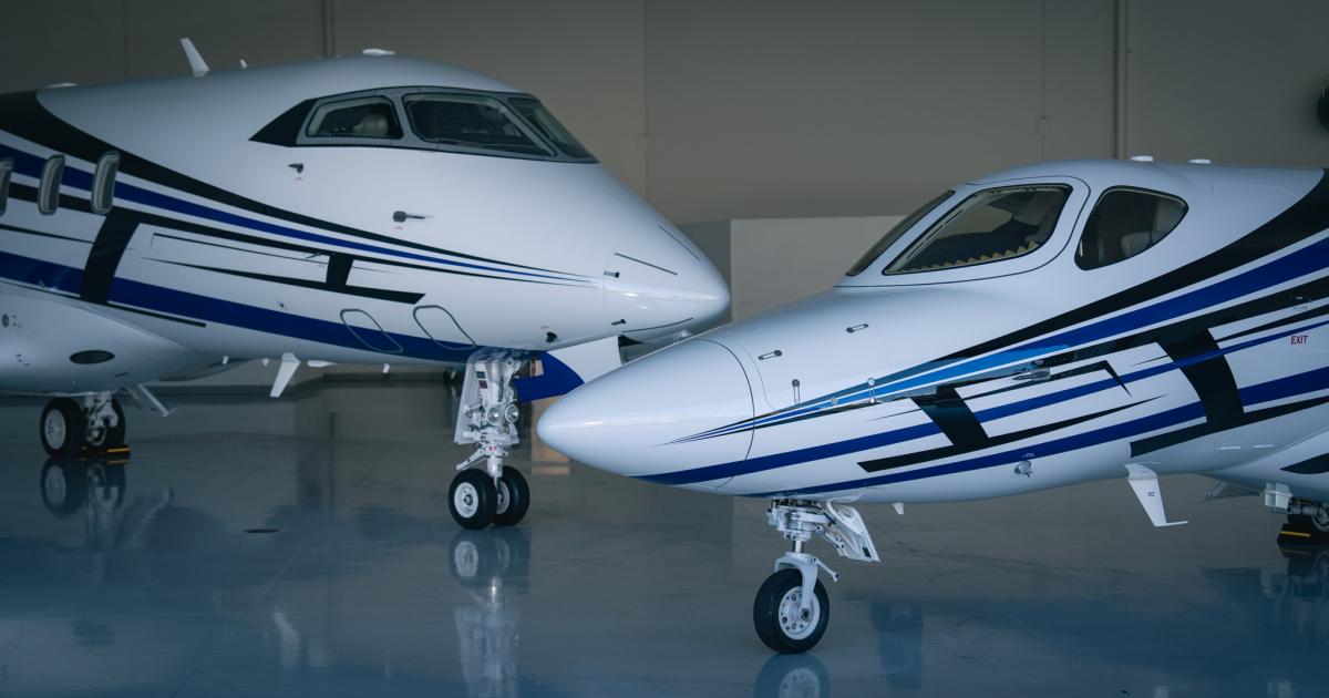 Challenger 3500 and HondaJet in Thrive Aviation livery