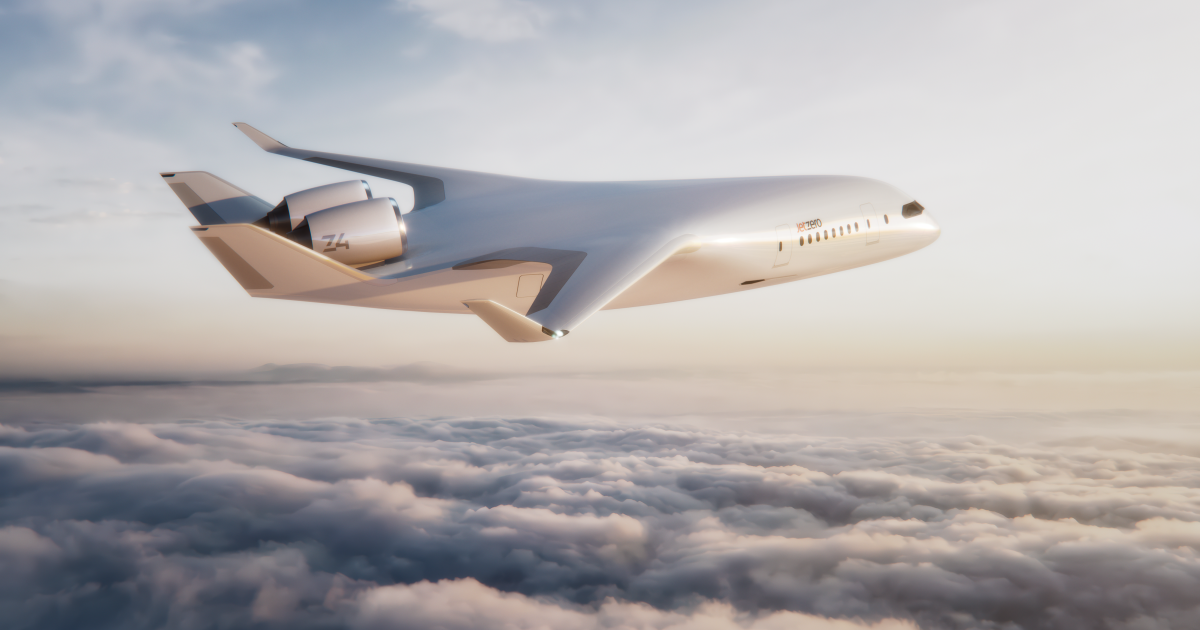 A digital rendering of the JetZero Z4 demonstrator in flight