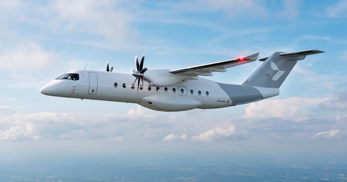 A digital rendering of Heart’s ES-36 airplane in flight