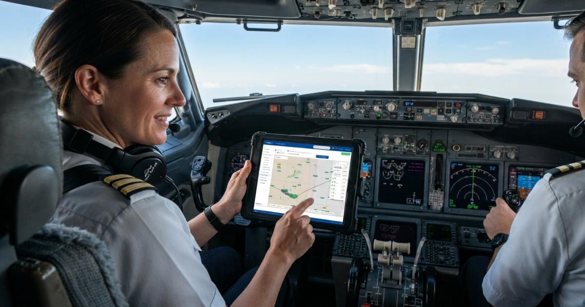 PIlot using tablet in cockpit