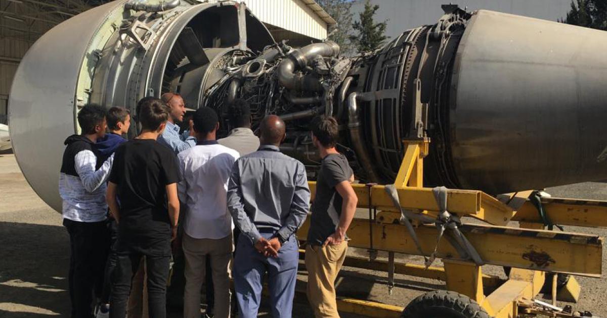 Dawit Lemma, Krimson CEO, explains the workings of a jet engine to BIA students visiting Ethiopian Airlines.