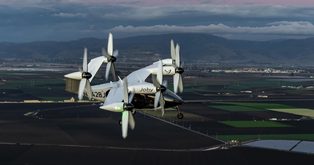 Joby's eVTOL aircraft prototype is pictured during a flight above Marina, California