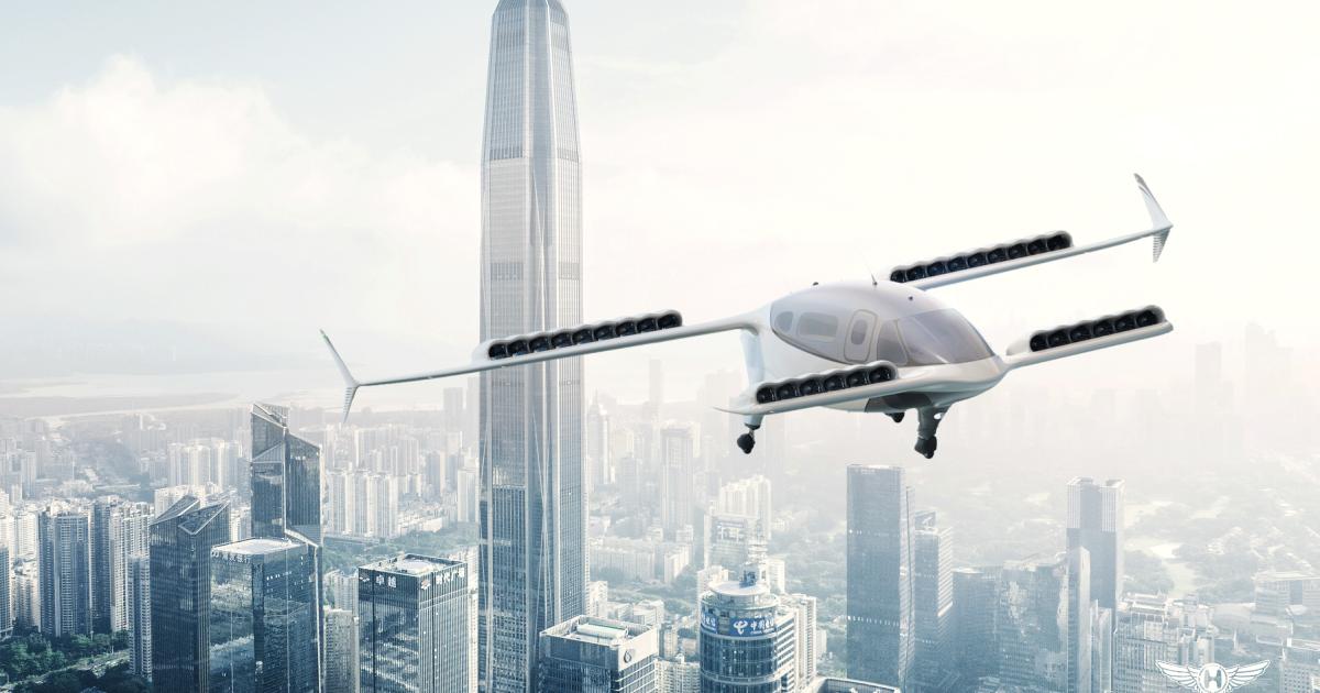 A digital rendering of a Lilium Jet eVTOL aircraft flying over China.