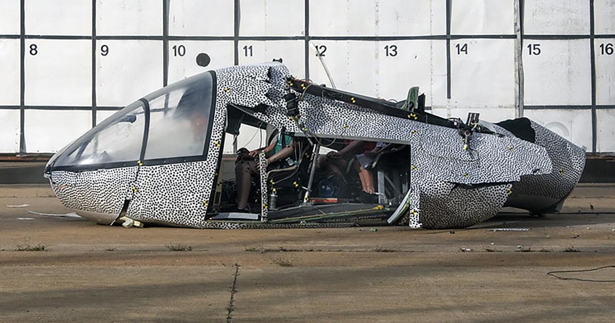 An eVTOL cabin concept lies crumpled on the ground after a crash test