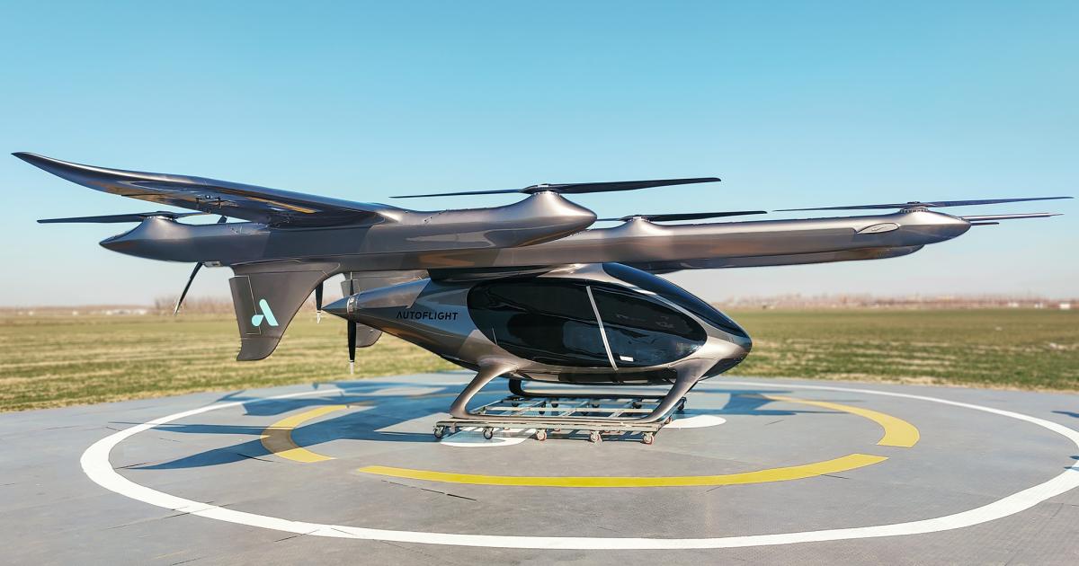 AutoFlight's Prosperity I eVTOL aircraft is pictured on a landing pad.