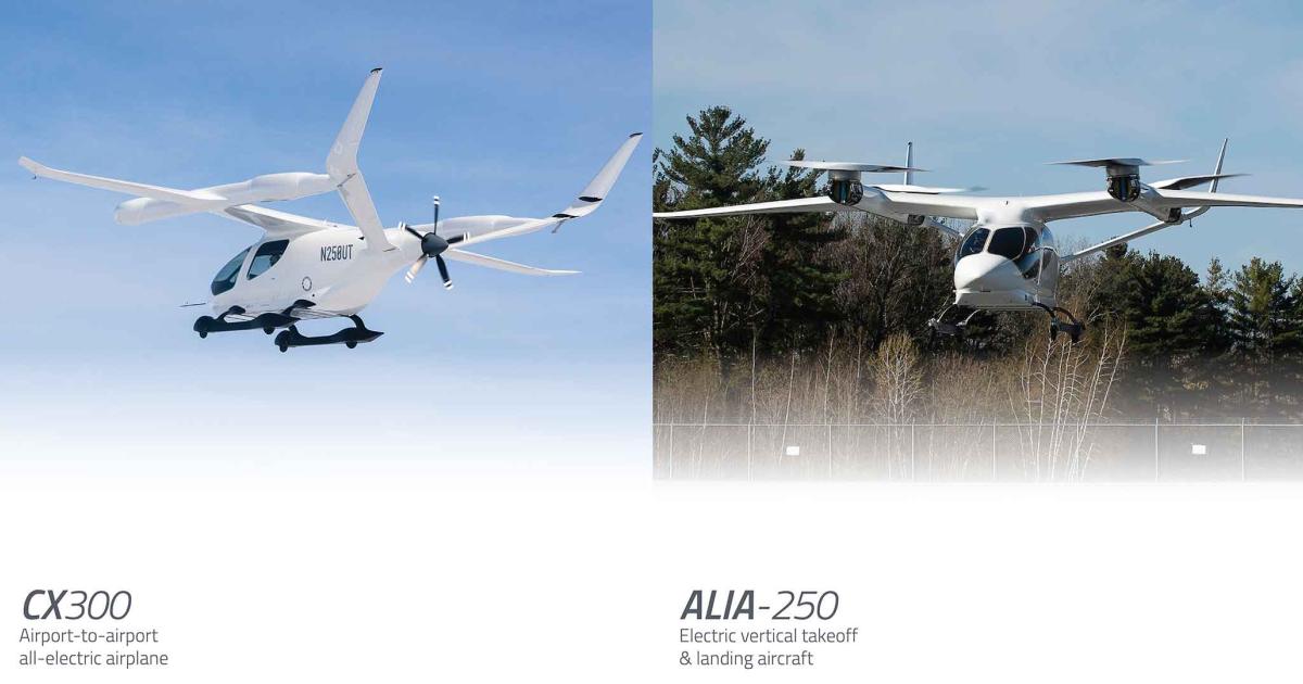 Beta's CX300 eCTOL and Alia-250 eVTOL aircraft are pictured side by side